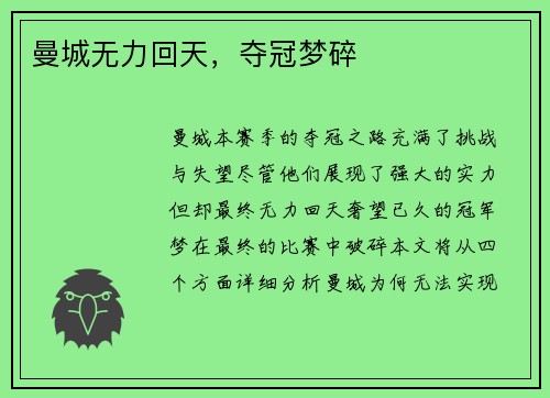 曼城无力回天，夺冠梦碎