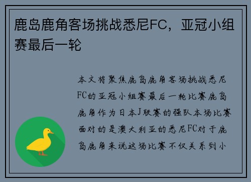 鹿岛鹿角客场挑战悉尼FC，亚冠小组赛最后一轮